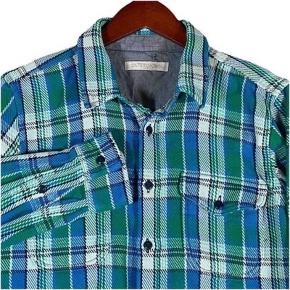 Outerknown Mens M Flannel Plaid Blanket Shirt Blue Green Heavy Shacket Button Up - Picture 2 of 14